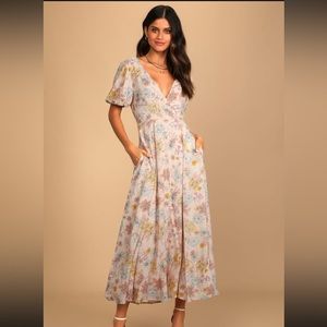 LuLu’s Pink Floral Print Puff Sleeve Midi Dress